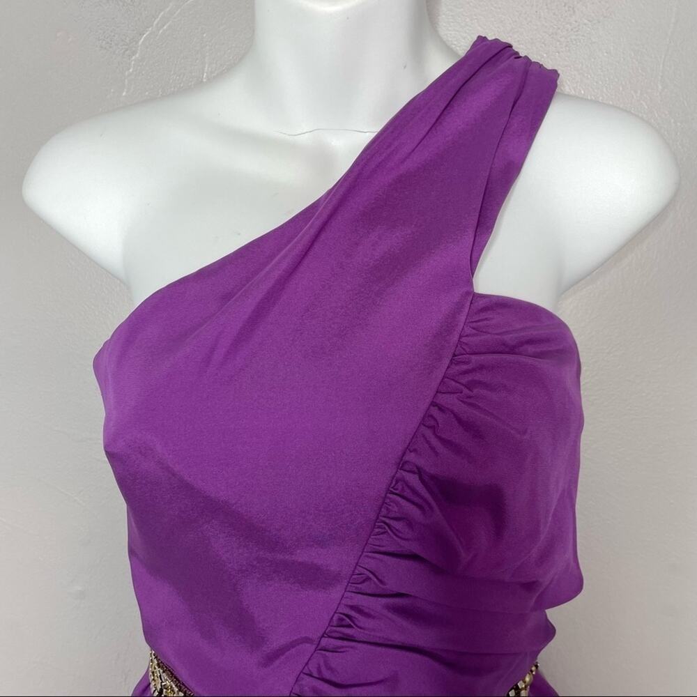 TRINA TURK Silk Dress Womens Size 8 One Shoulder Beaded Belted Mini Party Purple - Picture 3 of 11